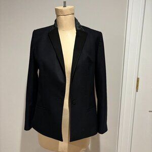 Maje Navy Tuxedo Jacket with Leather tuck collar